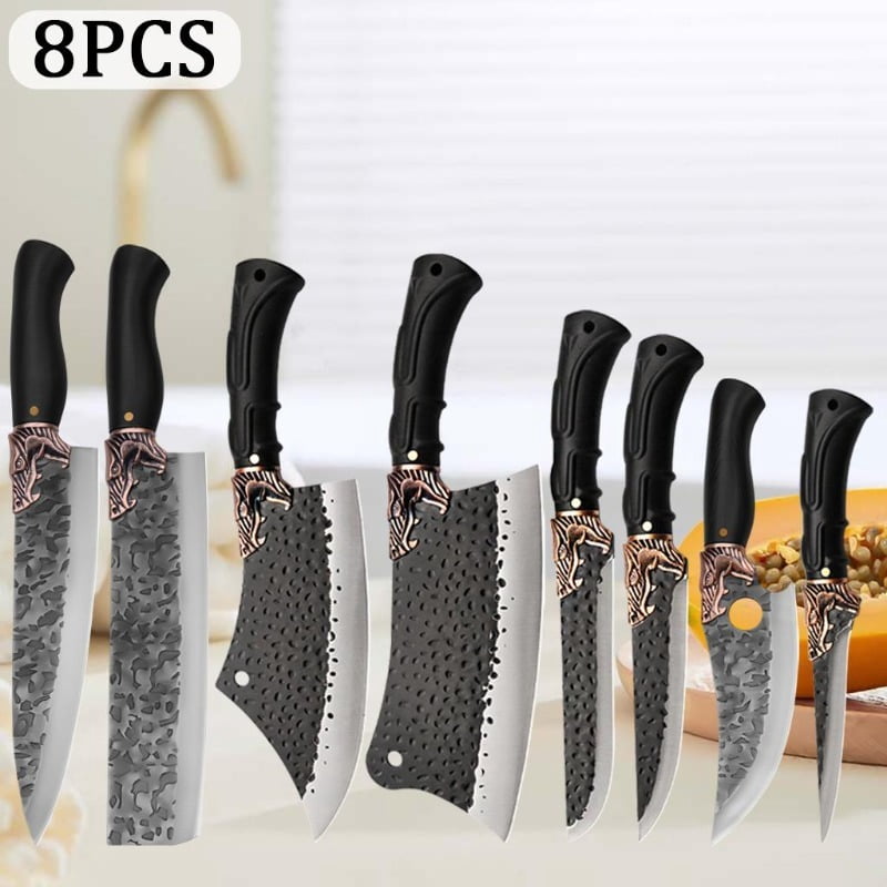 8PCS Stainless Steel Handmade Forged Chef Knife Set Including Utility Boning Fish and Vegetable Chopping Knives Professional Kitchen Cutting Tools for Gourmet Cooking Gifts for Men