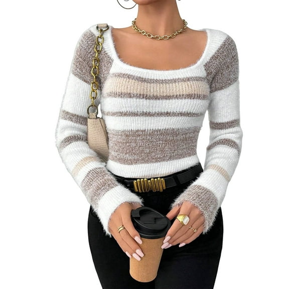 Women'S Pullover Striped Knit Square Neck Sweater Color Block Long Sleeve Cute Trendy Fuzzy Sweaters Brown XS