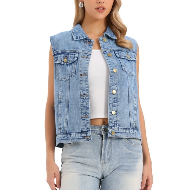 INSPIRE CHIC Chaleco de Denim para Mujer con Botones, Acabado Lavado, Desgastado, Sin Mangas, con Bolsillos, Talla L, Azul Lavado