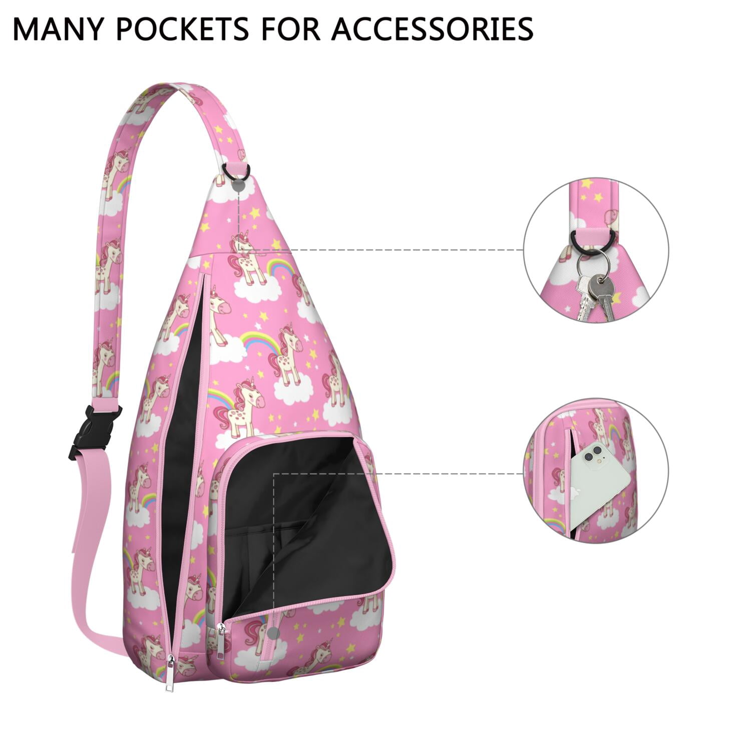 Magical Mythical Horse Sling Bag - Unicorn Rainbow Cartoon Print (Multi-Pocket Organized, Adjustable & Waterproof)