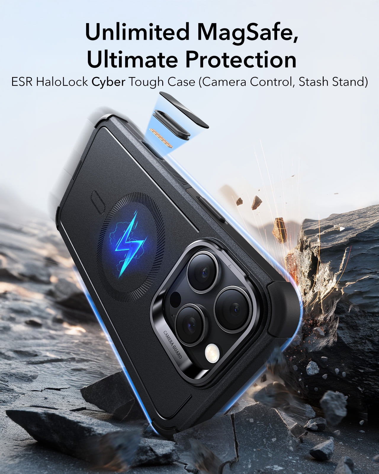 ESR Case with Stash Stand Compatible with iPhone 16 Pro Max, 7X Military-Grade Drop Protection & Camera Control, MagSafe Compatible Shock-Absorbing, Black