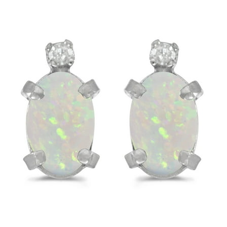 Sterling Silver Oval Opal and Diamond Earrings