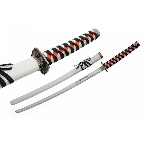 SZCO 37" Samurai Katana Sword - Handmade Stainless Steel Japanese Sword With Red Rain Skin, White Wood Scabbard.