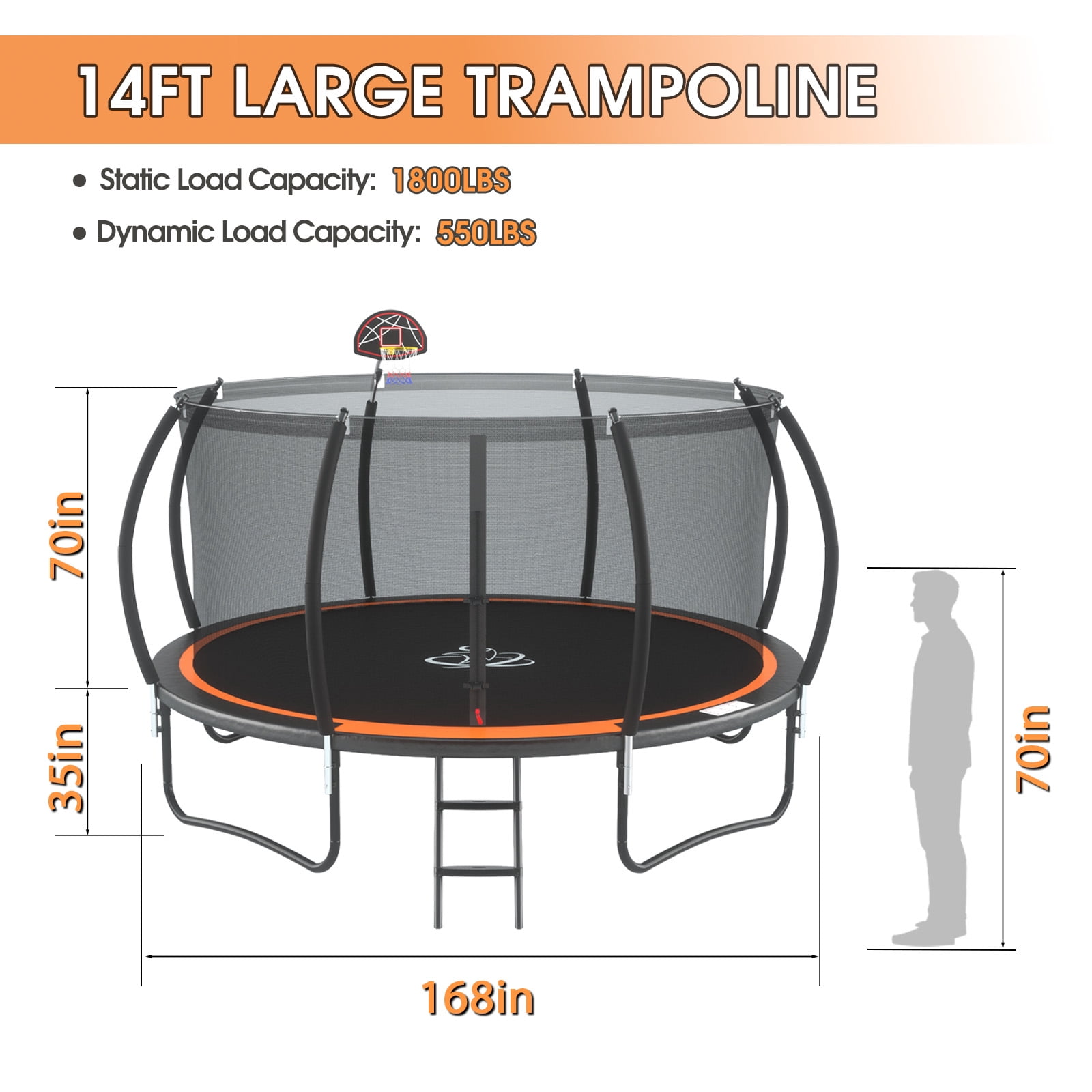 Lumeavetra Outdoor Trampoline for Kids & Adults with Anti-Rust Coating, Safety Enclosure Net, Basketball Hoop, Sprinkler & Ladder, Heavy-Duty Trampolne, Ideal Gift for Boys & Girls Birthday