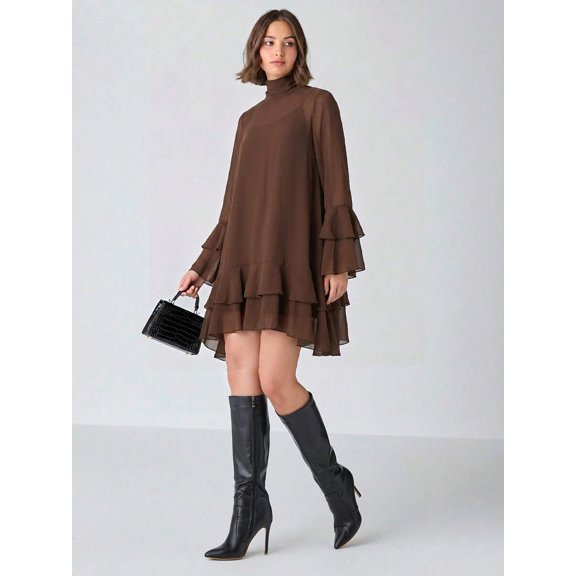 Coffee Brown Flare Sleeve Ruffle Hem Mini Dress with High Neck and Tiered
