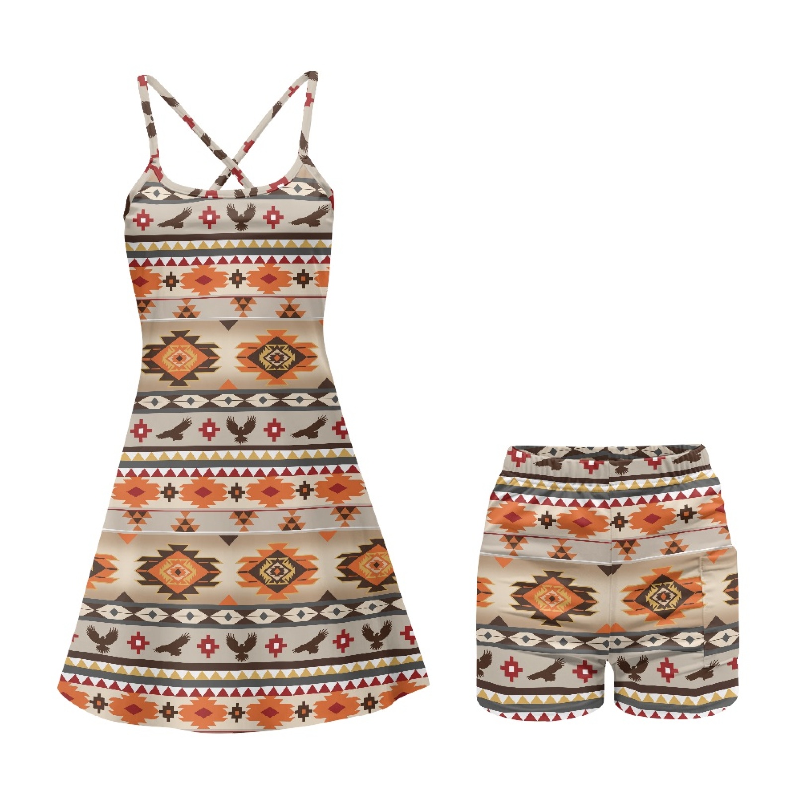 Yuyamidu Aztec Eagle Womens Athletic Dresses Summer Tennis Dress Built in Shorts with Pockets Tribal Gemoetric Spaghetti Strap Outfits for Women Activewear Size S