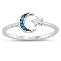CHOOSE YOUR COLOR Simulated Turquoise Moon Star Open Ring .925 Sterling Silver Band Blue CZ Female Size 9