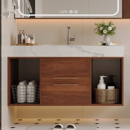 Aukfa 39.4" Floating Bathroom Vanity with Sink, Wall Mounted Cabinet,2 Drawer,Walnut