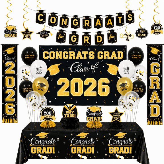 2026 Graduation Decorations, Black and Gold Graduation Party Decorations Set with Balloons, Backdrop, Banner and Table Decor, Class of 2026 Grad Party Supplies