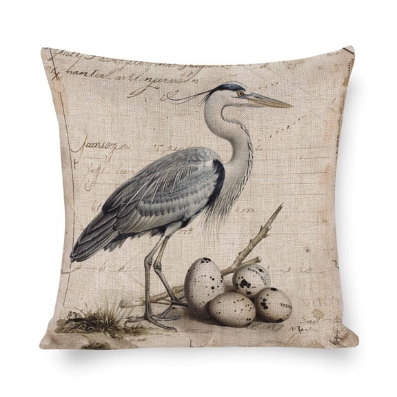 Cushion Case Vintage Illustration of A Heron with Eggs Throw Pillow Covers Decorative Floral Linen Pillow Cover Watercolor Blue Heron Throw Pillows for Bed 16"x16" Cushion Case for Sofa Couch