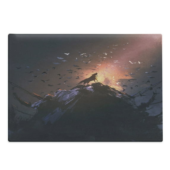 Fantasy World Cutting Board, Howling Wolf on Rock Surrounded by Bats Birds Scary Dog Wild Life Animals Art, Decorative Tempered Glass Cutting and Serving Board, Large Size, Multicolor, by Ambesonne