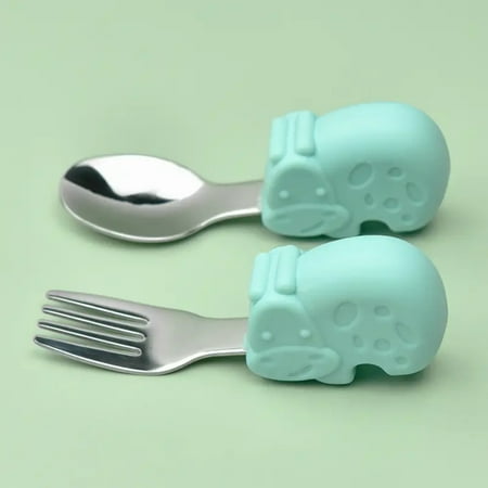 

HAZHOUYUJIUKJ Cute Hippo Baby Animal Silicone Food Supplement Fork Spoon Baby Learn To Eat Training Short Handle Stainless Steel Tableware Children‘s Fork Spoon Kit