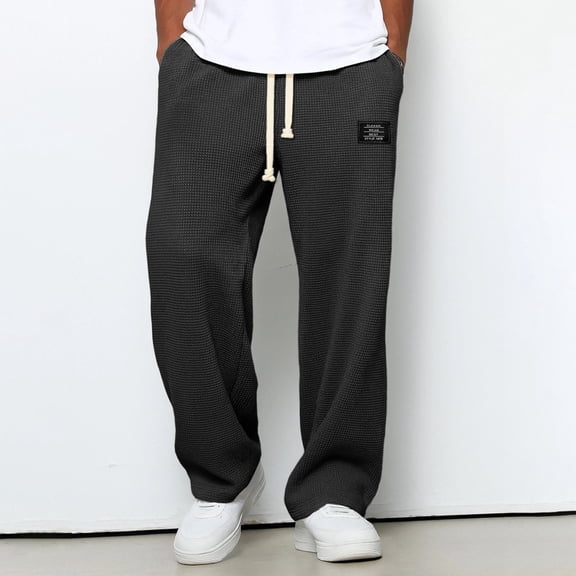 ZHOGXU Mens Casual Pants Drawstring Elastic Waisted Solid Color Straight Fit Comfortable Trousers With Pockets For Daily Wear Black L