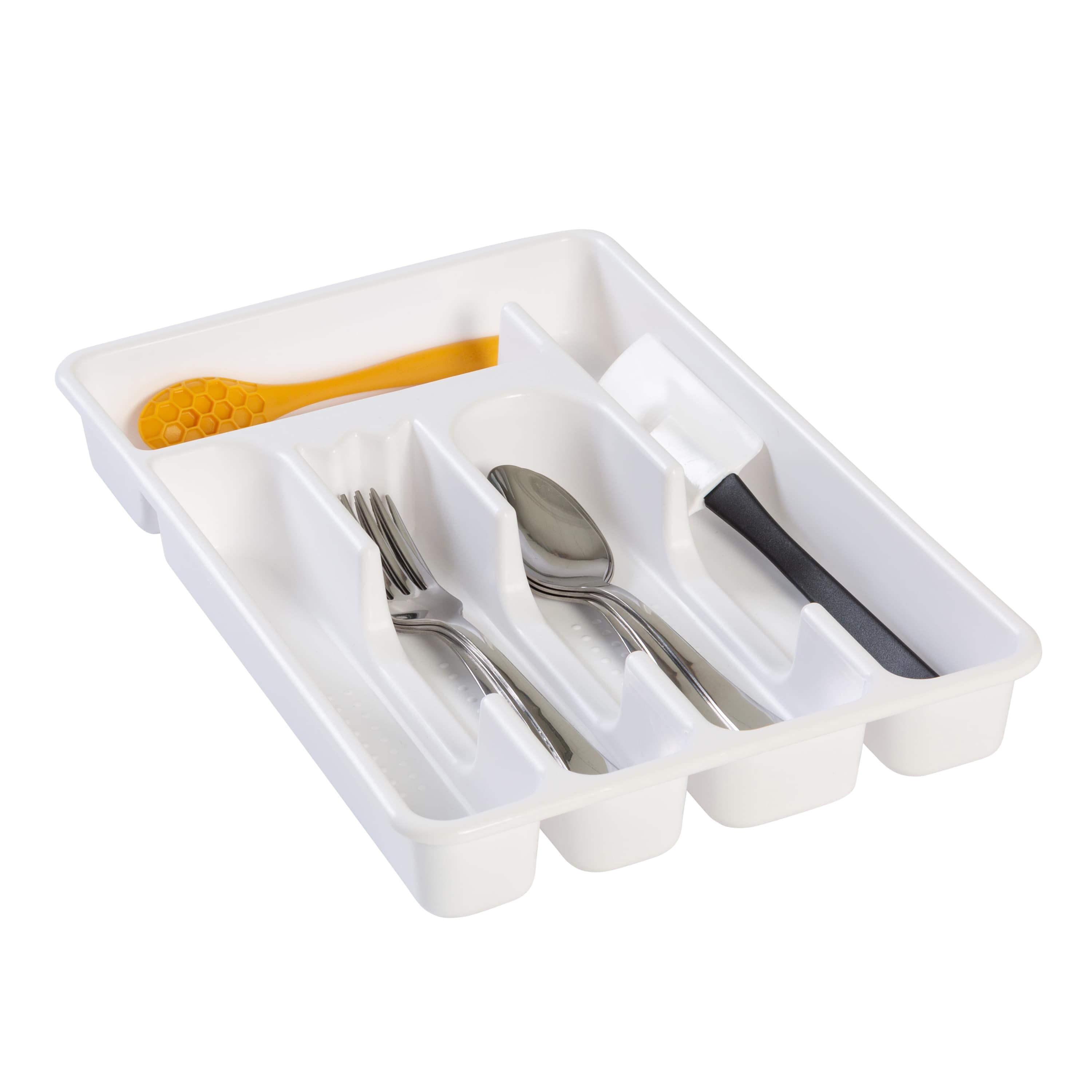 Mainstays Plastic 5-Compartment Kitchen Drawer Organizer Tray, Silverware and Utensil Organizer for Cutlery and Flatware Storage, White, 9" x 13.5"