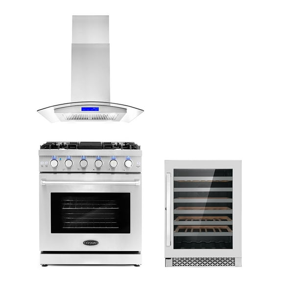 Cosmo 3 Piece Kitchen Appliance Packages with 30" Freestanding Gas Range Kitchen Stove 30" Island Range Hood & 48 Bottle Freestanding Wine Refrigerator Kitchen Appliance Bundles