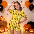 thumbnail image 2 of NIEWTR Kids Girls Short Sleeve Pajamas Set Halloween Pumpkin Ghost Print Collared Tops and Shorts Pjs Set Soft Comfortable Kids Halloween 2 Pieces Loungewear, 2 of 5