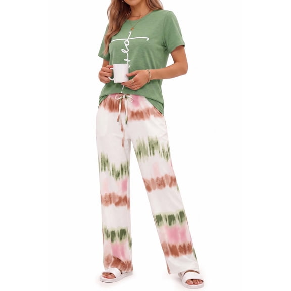 Fantaslook Womens Pajamas Sets Crewneck Short Sleeve Printed 2 Piece Outfits Set Tie Dye Casual Loungewear with Pockets