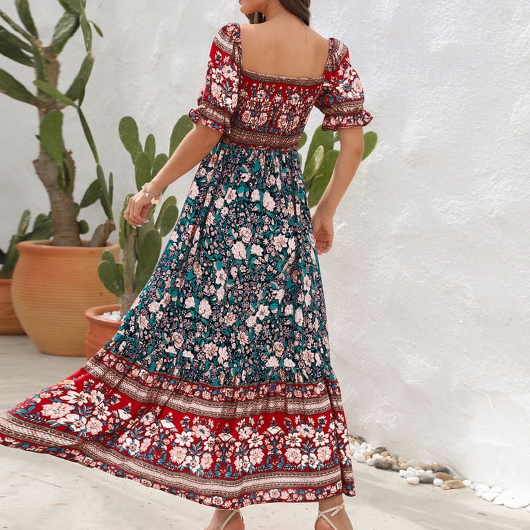 IROINNID Sales Boho Dress for Women Casual Cocktail Wedding Guest Dress  One-line Shoulder Short Sleeve Summer Cascading Frilly Bohemian Print Party  Beach Dress Semi Formal Empire Dress,Black - Walmart.com