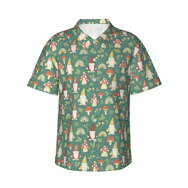 Balery Mushrooms Gnome Camisas hawaianas de manga corta para hombre, camisas playeras de corte holgado, camisas de vacaciones con botones,Large