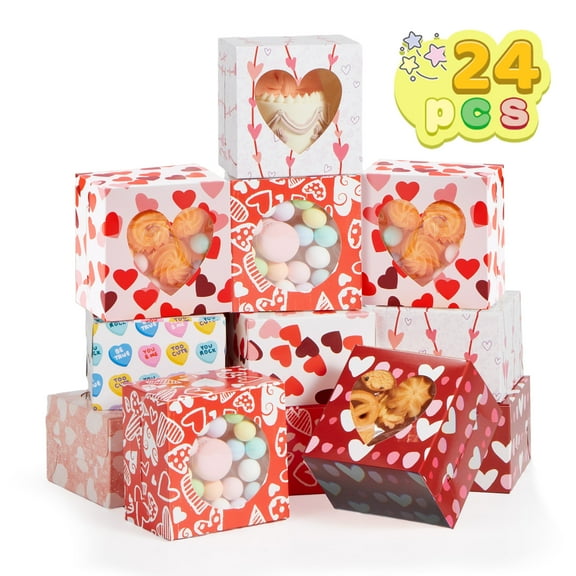 Joyfy 24 Pcs Valentine's Boxes,Valentines Day Cupcake Boxes Bakery Treat Boxes Gift Boxes Cookie Boxes with Window for Party Supplies Gift Giving