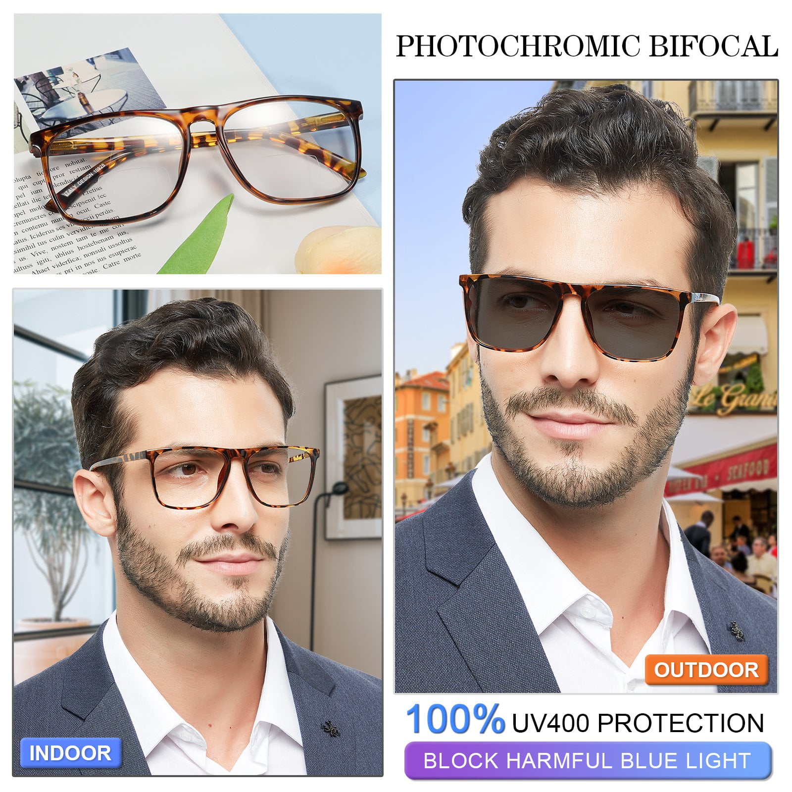  mincl Outdoor Big Frame Bifocal Reading Glasses For Women Men  2pcs Fashion Transition Photochromic Far Near Presbyopia Sunglasses  (2pcs-blue&brown, 0x) : Health & Household