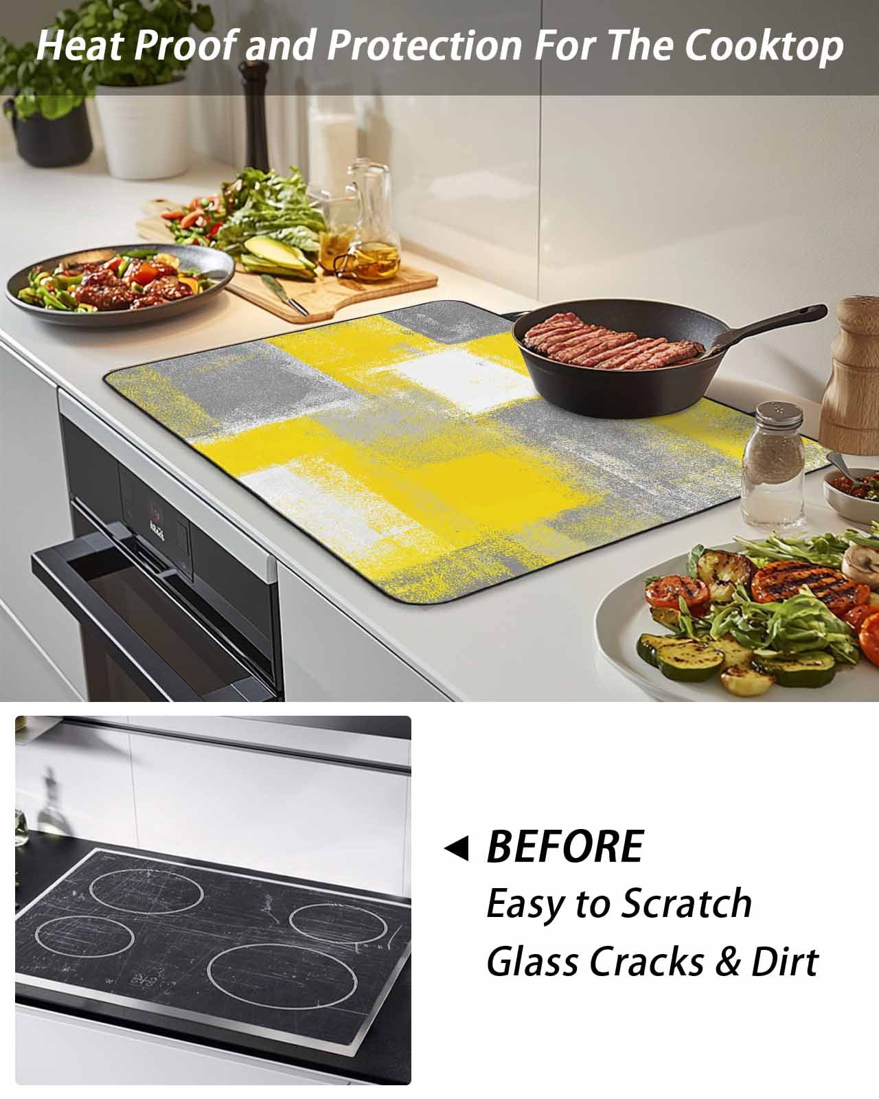 Stove Top Covers for Electric Stove, Yellow Grey Glass Stovetop Cover Protector, Rustic Mottled Oil Painting Abstract Texture Induction Cooktop Protector Oven Mat for Kitchen Countertop 24"x21"