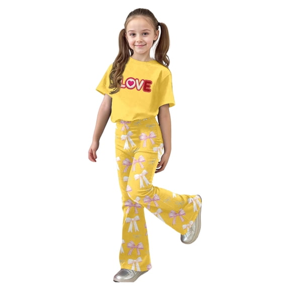 shoper Girls Outfits Size 6 Cute Print Shorts Sleeve and Elastic Waist Pants 2-Piece Set Crewneck Loose Fit Two Piece Set for Children Back To School Clothes