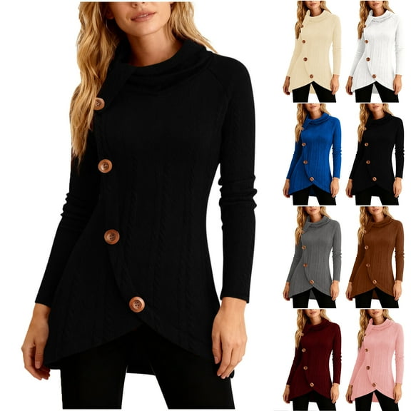 Otntypg Womens Lightweight Asymmetrical Sweaters Cable Knit Long Sleeve Turtleneck Shirts Casual Fall Button Down Irregular Hem Tunic Sweater Tops Brown L