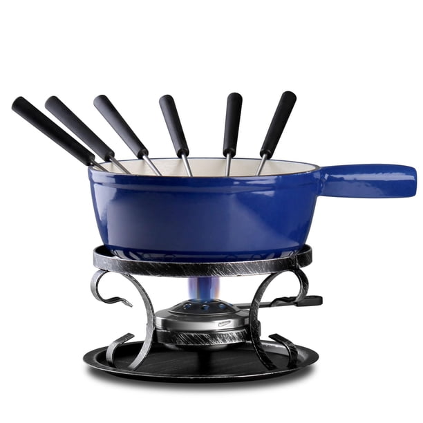 Juego de fondue de hierro fundido Artestia: fondue tradicional suiza de 2 l para queso y chocolate, para 4-6 personas, ideal para derretir queso, chocolate, caramelo y más, color azul.