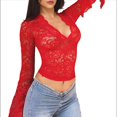 thumbnail image 2 of Top Corto Ajustado de Encaje con Escote en V Profundo y Larga para Mujer Rojo L, 2 of 9
