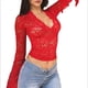 thumbnail image 2 of Top Corto Ajustado de Encaje con Escote en V Profundo y Larga para Mujer Rojo L, 2 of 9