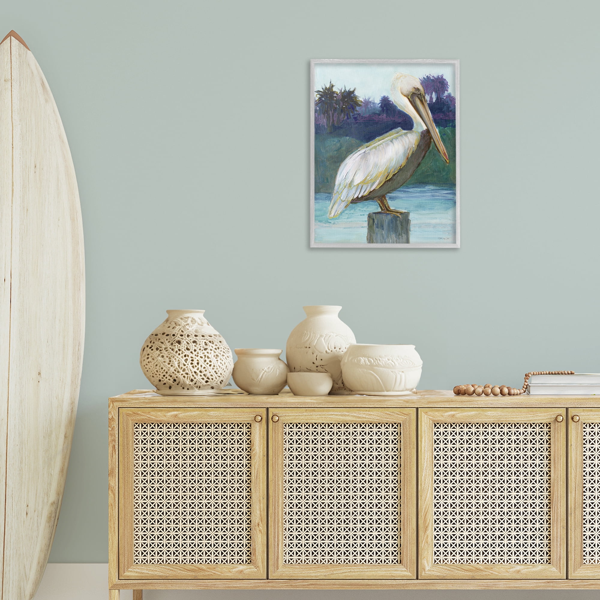Stupell Industries Tropical Pelican Perched Animals & Insects Painting Gray Framed Art Print Wall Art, 24 x 30