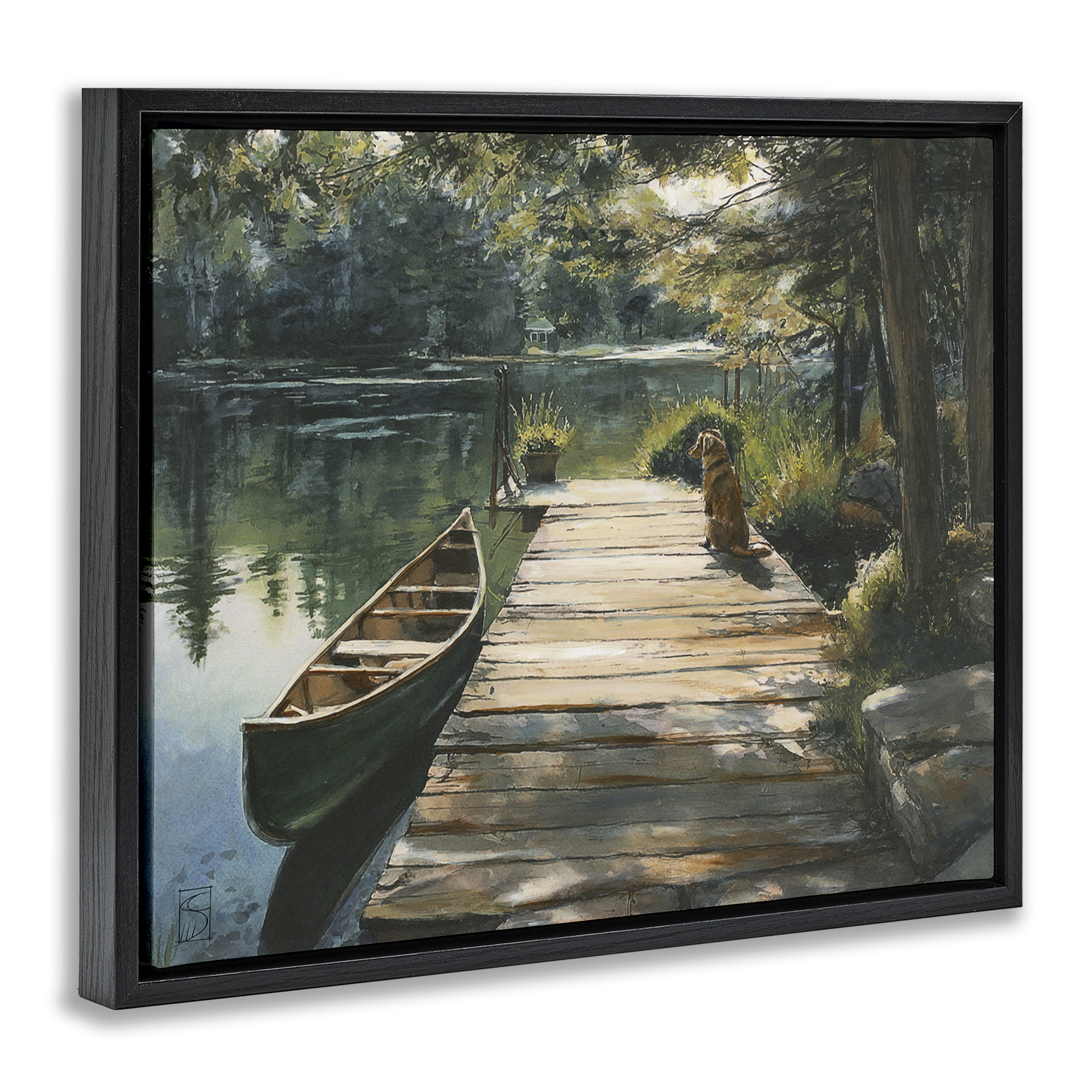 Lake Life Dog on Dock Black Framed Floater Canvas Wall Art, design by Sara Culpepper