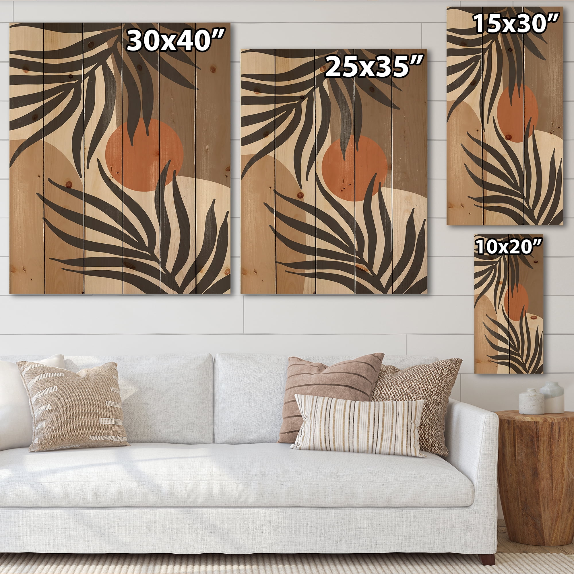 Designart 'Sun and Moon Shapes In Retro Terracotta Tones III' Modern Print on Natural Pine Wood