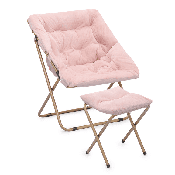 Cozy Chair Square Folding Faux Fur Saucer Chair for Bedroom Living Room Dorm Foldable Metal Frame Oversized Large Comfy Furry Padded Soft Cozy Moon Chair with Footrest Ottoman for Adults (Pink)