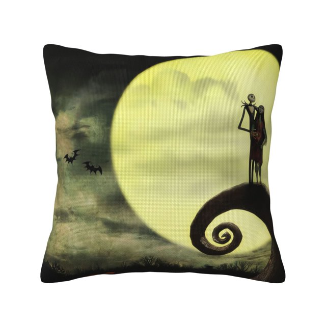 Funda de almohada de arpillera de lino decorativa de Pesadilla antes de Navidad, funda de cojín cuadrada para sofá o coche, sin relleno de almohada (16 x 16, 18 x 18, 20 x 20 pulgadas, negro)