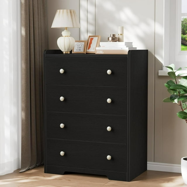 4-Drawer Dresser - Black Modern Storage Cabinet with Deep Drawers, Anti-Dropping Top Shelf, Smooth Glide Tracks & Anti-Tip Safety, Bedroom Organizer