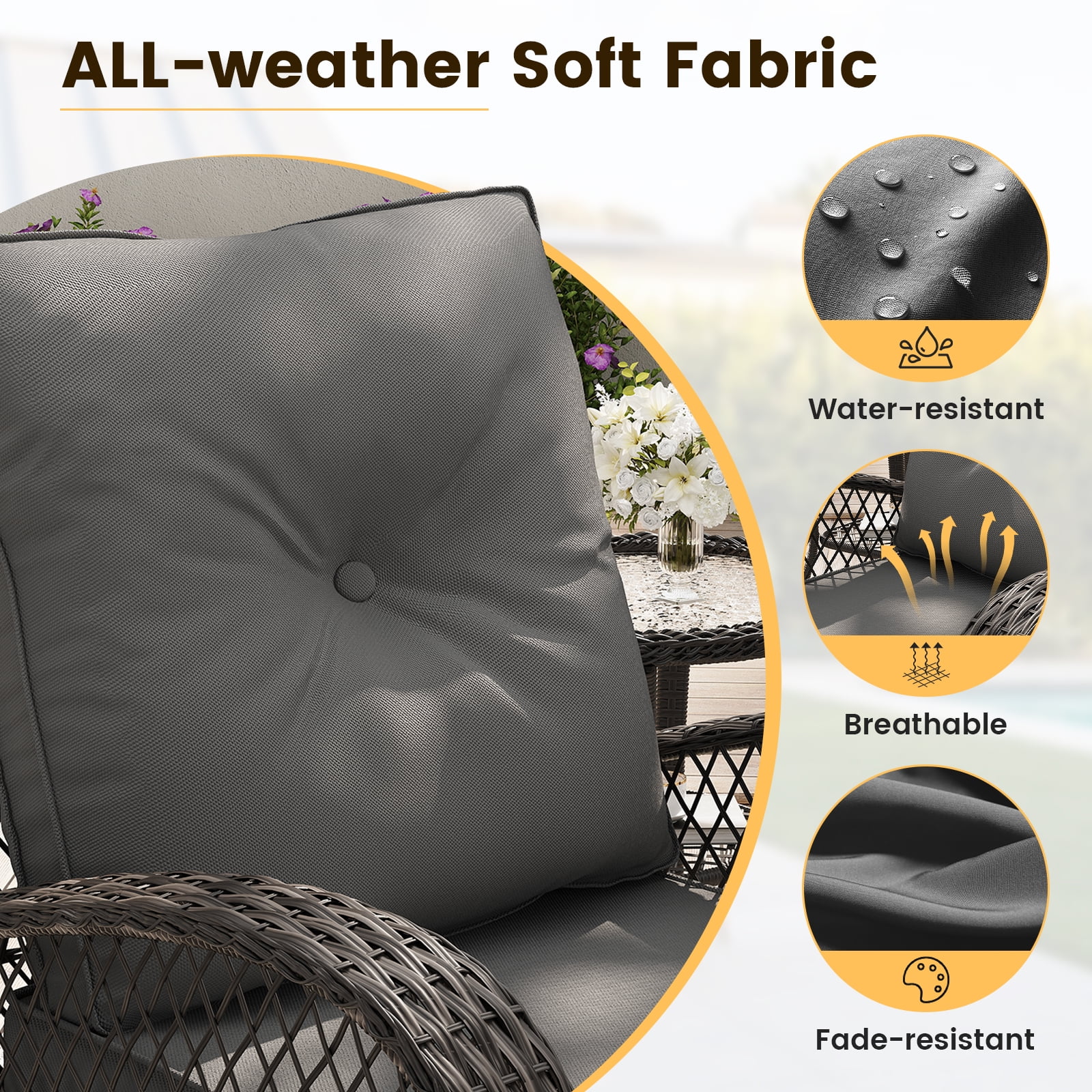ELPOSUN 3 Pieces Patio Furniture Set, Outdoor Swivel Gliders Rocker, Wicker Patio Bistro Set with Rattan Rocking Chair, Glass Top Side Table and Thickened Cushions for Porch Deck Backyard