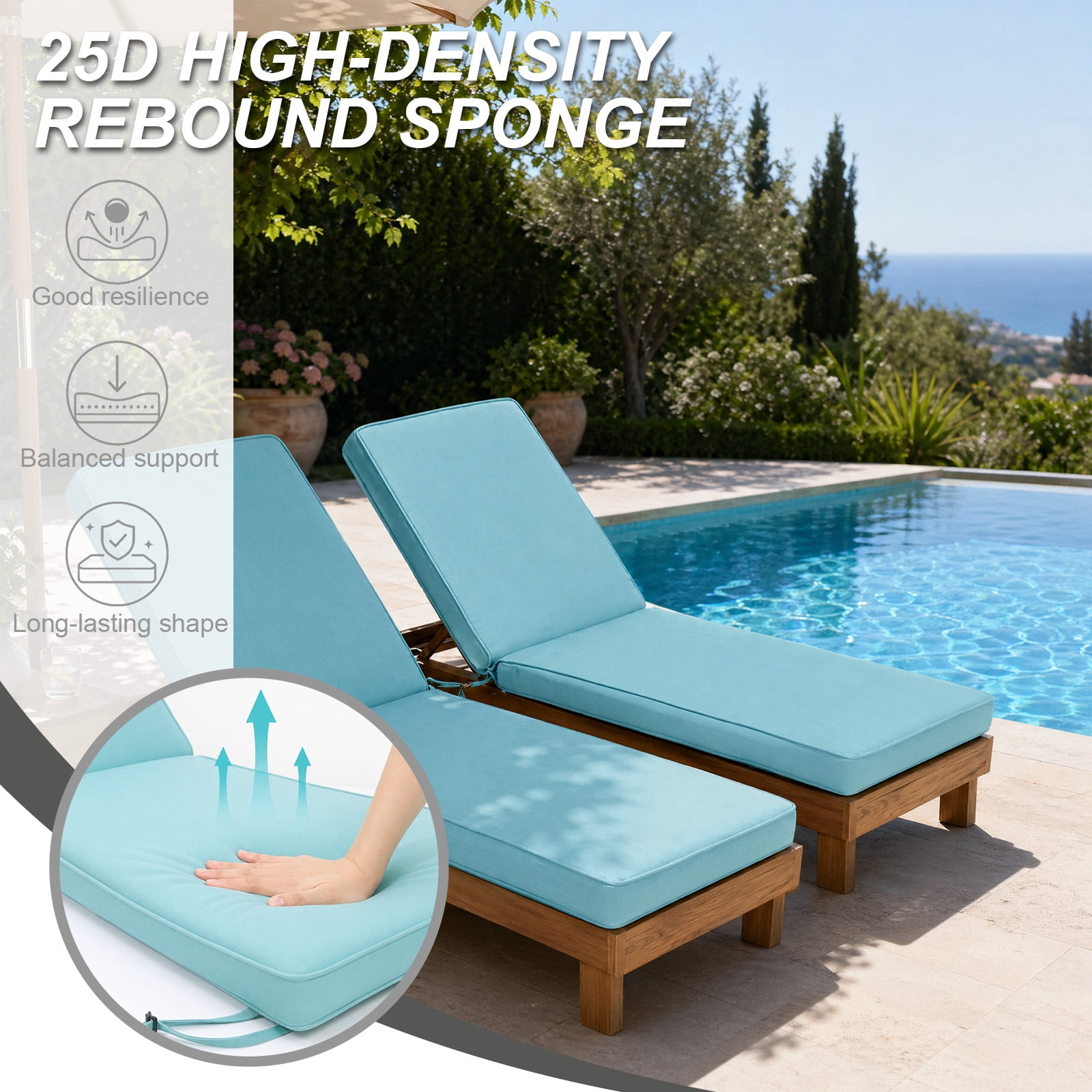 BPS 72" x 21" x 3" Outdoor Chaise Lounge Cushion, Fade & Water Resistant Patio Chair Cushion, Set of 2 - Blue