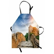Great Wall of China Apron Legendary Dynasty Monument on Cliffs Historical Countryside Art Design, Unisex Kitchen Bib Apron with Adjustable Neck for Cooking Baking Gardening, Grey Blue, by Ambesonne