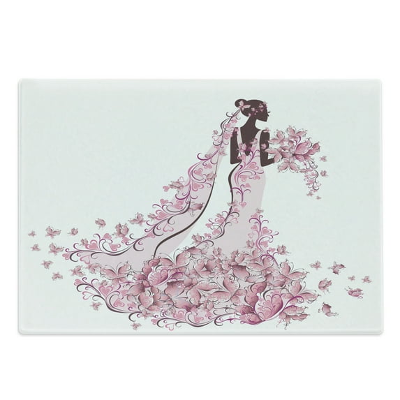 Wedding Cutting Board, Flowers Hearts Butterflies on Wedding Dress Bridal Gown Artowork Print, Decorative Tempered Glass Cutting and Serving Board, Large Size, Pale Pink Maroon White, by Ambesonne