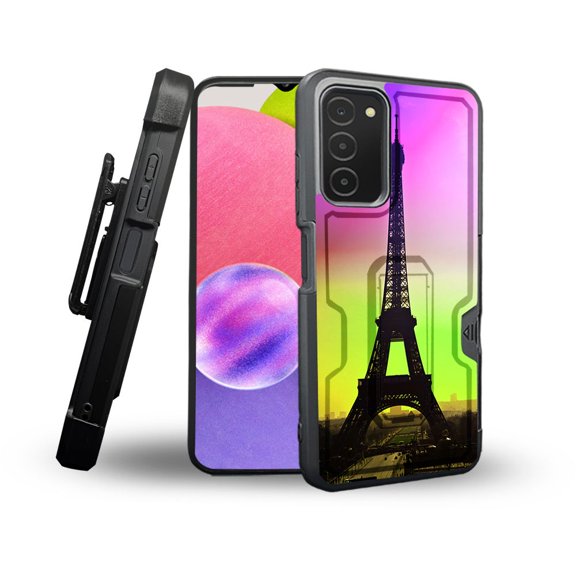 ANJ  Rugged Shockproof Holster Case Card Slot Kickstand   Tempered Glass Cover for Samsung Galaxy A03s - Eiffel in Dusk