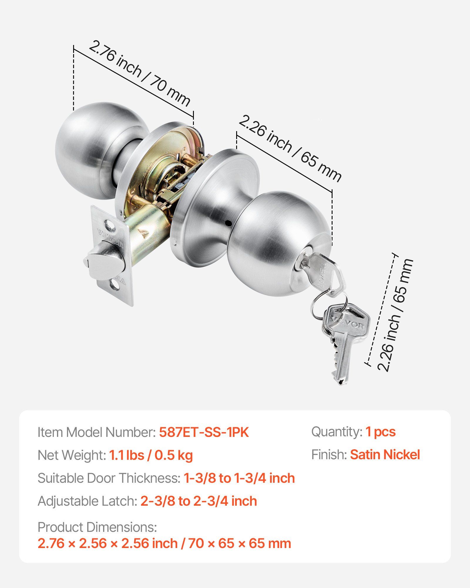 Round Privacy Door Knob - Satin Nickel Finish, Keyed Entry Bedroom & Bathroom Lock, Interior Door Handle with Matching Backplate (1-Pack)
