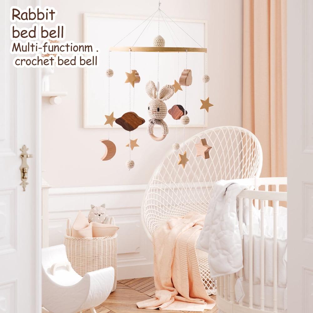 Baby Crib Mobile with Wooden Wind Chimes, Crochet Star Moon Cloud Hanging Bed Bell for Newborn Sleep Soothing, Rotating Crib Decoration