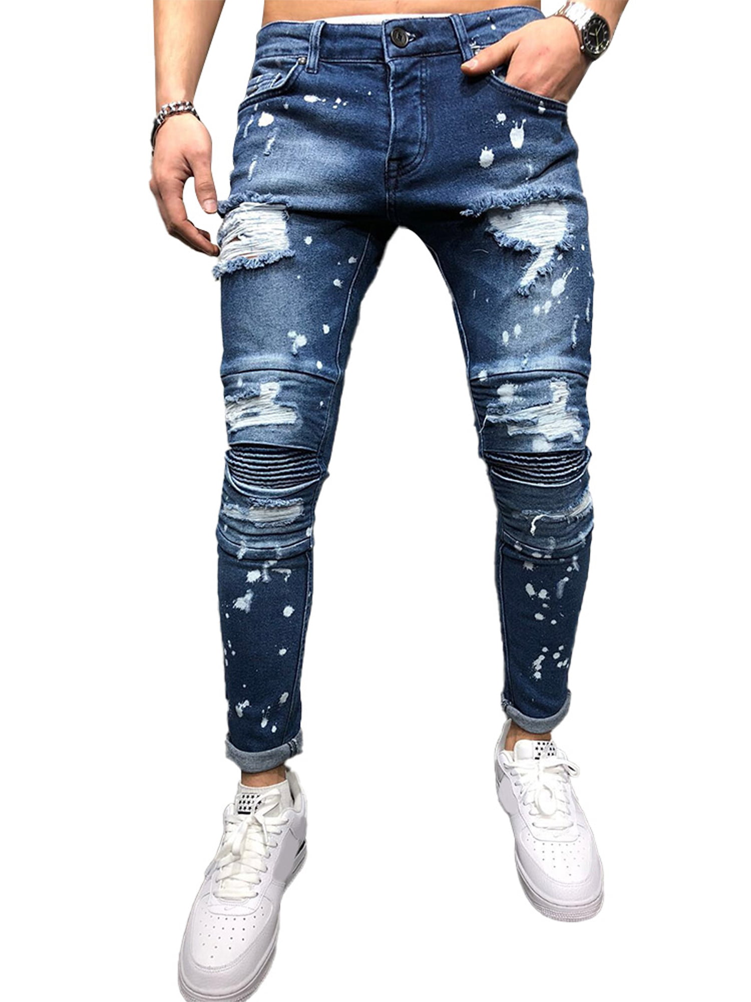 Trendy Men's Skinny Jeans Destructed Frayed Slim Fit Denim Ripped Pants S-4XL 