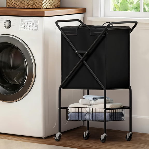 Laundry Basket with Wheels:88L Rolling Laundry Cart Foldable Metal Frame Dirty Clothes Laundry Hamper 36"H 4 Caster 2 Brake Waterproof Removable Liner Carry Handle for Dorm Laundry Room,Black