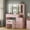 Pink, variant on 43" W Vanity Desk with Mirror & 11 Lights, 5 Drawer Modern Makeup Desk with Glass top & Cushioned Stool, 3 Lighting Modes Brightness Adjustable,Power Outlet,Bedroom,Pink