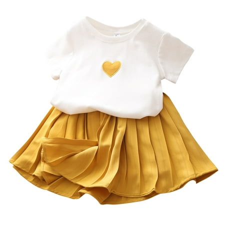 

B91xZ Girls Clothes Sets Kids Toddler Baby Girls Short Sleeve Embroidery Tops Solid Skirt Outfits Set Yellow Sizes 18-24 Months