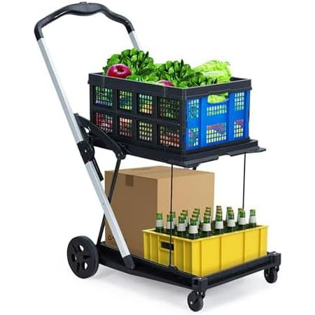 2-Tier Folding Shopping Cart for Groceries, 80lbs Collapsible Grocery Cart with Removable Basket and Swivel Wheels, Portable Personal Stroller Shopping Carts$$Office