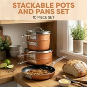 Gotham Steel Stackmaster 10 Pc Pots and Pans Set Non Stick Cookware Set with Kitchen Utensils, Induction Ready, Non Toxic Pot and Pan Set With Space Saving Design, Oven and Dishwasher Safe, Copper